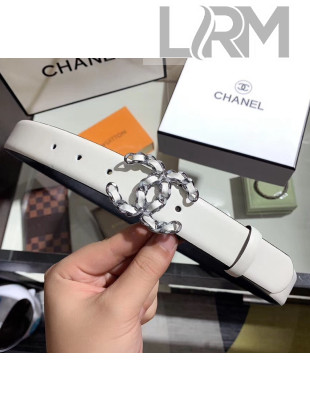 Chanel Width 3cm Smooth Leather Belt with Chain CC Buckle White/Silver 2020