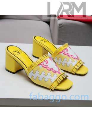 Valentino Print Fringe Medium Heel Slide Sandals Yellow 2020
