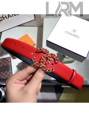 Chanel Width 3cm Smooth Leather Belt with Chain CC Buckle Red/Gold 2020