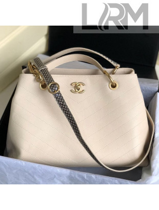 Chanel Chevron Calfskin and Snakeskin Large Zipped Shopping Bag White 2019