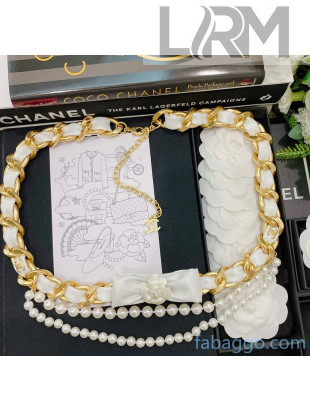Chanel Leather Bow and Camellia Chain Belt with Pearls AB4460 White 2020