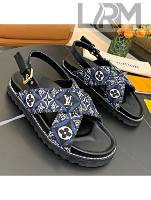 Louis Vuitton Since 1854 Paseo Flat Comfort Sandal in Blue Studded Monogram Canvas 2021