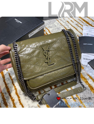 Saint Laurent Baby Niki Chain Bag in Vintage Crinkled Leather 533037 Olive Green 2021