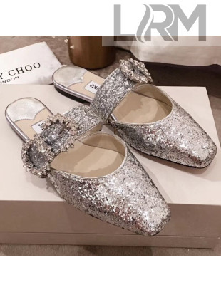 Jimmy Choo Gee Glitter Flat Mules with Crystal Buckle Silver 2019