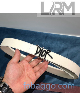 Dior DIOR AND SHAWN Leather Matte Belt 35mm with DIOR Logo Buckle White 2020
