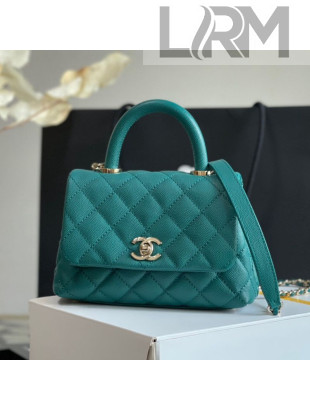 Chanel Quilted Calfskin Mini Flap Bag with Top Handle AS2215 Turquoise/Gold 2021