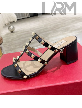Valentino Rockstud Calfskin Slide Sandal 6cm Black 2021