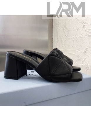 Prada Quilted Lambskin Heel Slide Sandals 7cm Black 2021