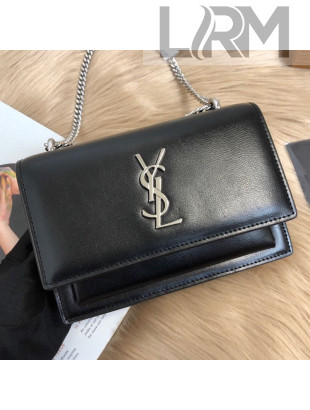 Saint Laurent Sunset Chain Wallet in Toothpick Grained Leather 452157 Black/Silver 2019