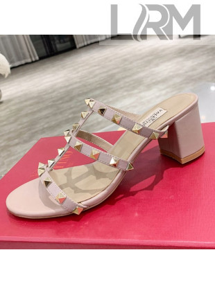 Valentino Rockstud Calfskin Slide Sandal 6cm Nude Pink/Gold 2021