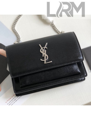 Saint Laurent Sunset Chain Wallet in Crystal-Grained Leather 452157 Black/Silver 2019