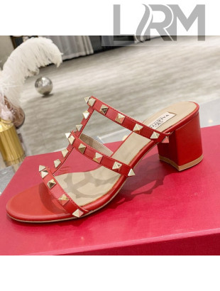 Valentino Rockstud Calfskin Slide Sandal 6cm Red 2021