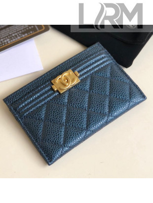 Chanel Iridescent Quilted Grained Leather Boy Card Holder Dark Blue 2019