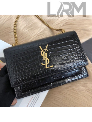 Saint Laurent Sunset Chain Wallet in Crocodile Embossed Leather 452157 Black/Gold 2019