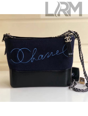 Chanel Embroidered Wool Calfskin Gabrielle Medium Hobo Bag A91824 Navy Blue 2018
