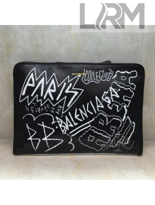 Balenciaga Graffiti Leather Classic Pouch Black/White 2019