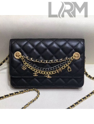Chanel Quilted Smooth Leather Chain Tassel Wallet on Chain WOC A86031 Black 2019