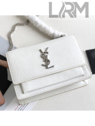 Saint Laurent Sunset Chain Wallet in Crocodile Embossed Leather 452157 White 2019