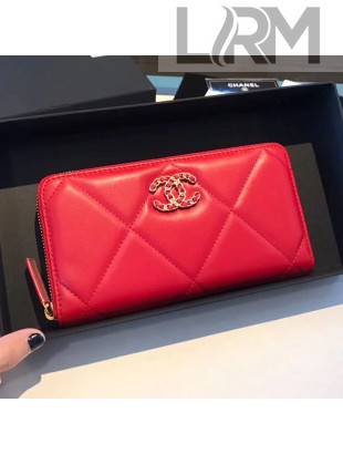 Chanel 19 Goatskin Long Zipped Wallet AP1063 Cerise Red 2019