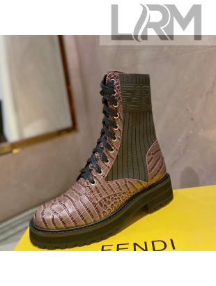 Fendi Rockoko Stone Embossed Calfskin and Knit Ankle Boots Brown 2021