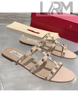 Valentino Rockstud Patent Leather Flat Slide Sandal Apricot 2021