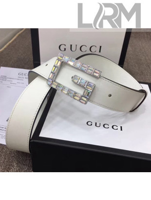 Gucci Width 3.5cm Leather Belt with Crystal Square G Buckle White 2020