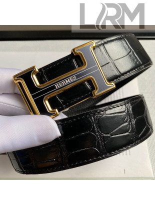 Hermes Crocodile Embossed Leather Belt 3.8cm with H Buckle Black/Gold 2021