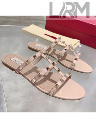 Valentino Rockstud Calfskin Flat Slide Sandal Nude Pink/Gold 2021