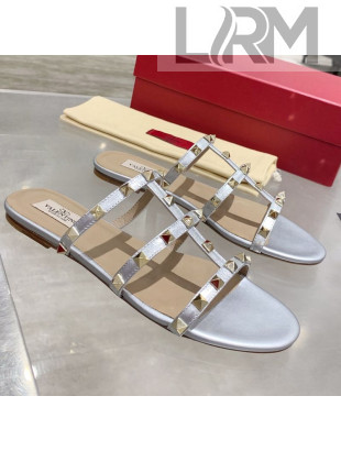 Valentino Rockstud Calfskin Flat Slide Sandal Silver 2021