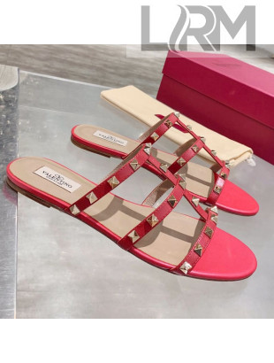 Valentino Rockstud Calfskin Flat Slide Sandal Red 2021