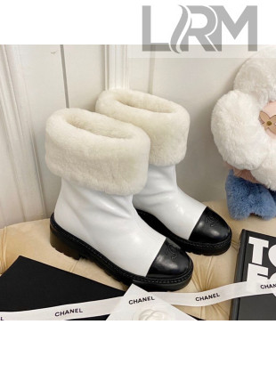 Chanel Shiny Leather and Wool Short Boots White/Black 2020