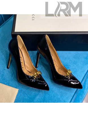 Gucci Glaze Leather Chain Pointed Pumps Black 2021