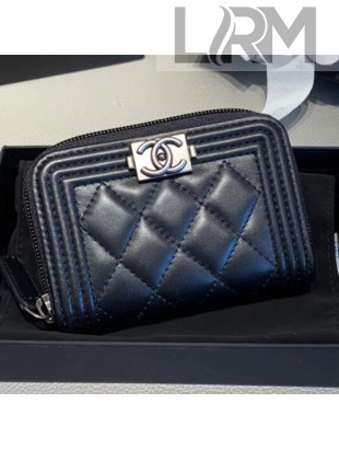Chanel Quilted Smooth Lambskin Boy Zipped Coin Purse Black/Silver