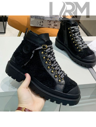 Dior Shearling Wool Short Boot with Lettering Lace Black 2020