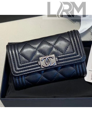 Chanel Quilted Smooth Lambskin Boy Flap Card Holder A80603 Black/Silver
