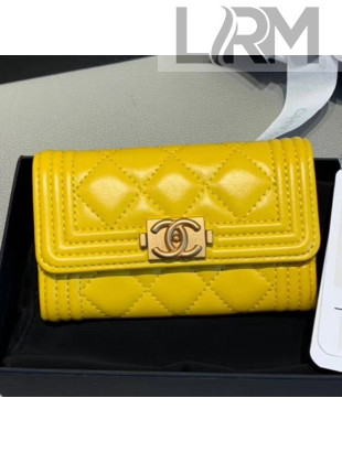Chanel Quilted Smooth Lambskin Boy Flap Card Holder A80603 Yellow