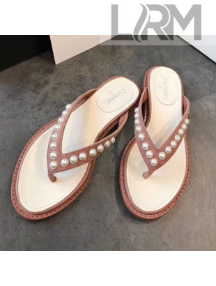 Chanel Flat Suede Pearl Slide Thong Sandal Light Pink 2019