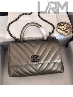 Chanel Chevron Metallic Grained Calfskin Coco Handle Mini Bag 2018(Black Metal)