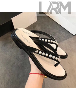 Chanel Flat Suede Pearl Slide Thong Sandal Black 2019
