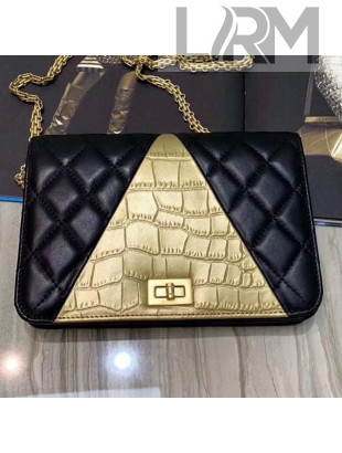 Chanel Metallic Crocodile Embossed Calfskin and Lambskin 2.55 Wallet on Chain AP0612 Black/Gold 2019