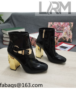 Dolce & Gabbana DG Patent Leather Buckle Ankle Short Boots 10.5cm Black/Gold 2021 111331