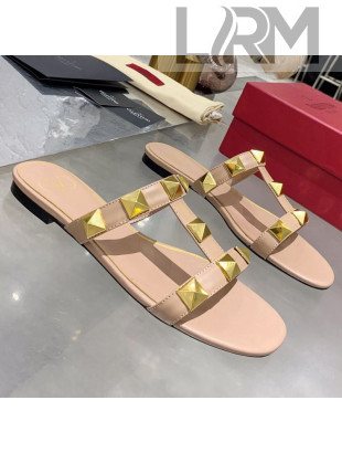 Valentino Roman Stud Calfskin Flat Slide Sandals Nude Pink 2021
