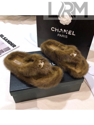 Chanel Mink Fur Flat Thong Sandals Brown 2020