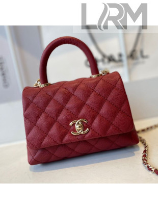 Chanel Quilted Grained Calfskin Mini Flap Bag with Top Handle AS2215 Burgundy/Gold 2021