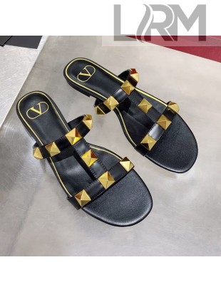 Valentino Roman Stud Calfskin Flat Slide Sandals Black 2021