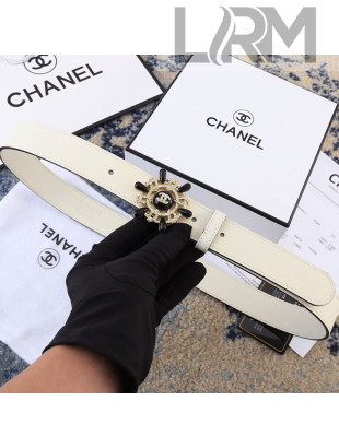 Chanel Reversible Calfskin Belt 30mm with Crystal Rudder Buckle White 2019
