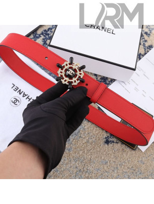 Chanel Reversible Calfskin Belt 30mm with Crystal Rudder Buckle Red 2019