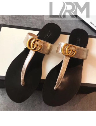 Gucci Leather Flat Thong Sandal with Double G 497444 Gold 2018