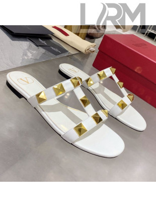 Valentino Roman Stud Calfskin Flat Slide Sandals White 2021