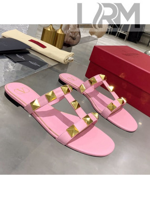 Valentino Roman Stud Calfskin Flat Slide Sandals Light Pink 2021